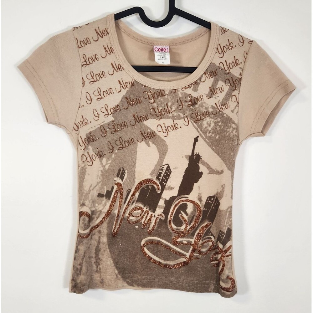 Cette Vintage Y2K New York Glitter Graphic Baby Tee Jr Medium Made in USA